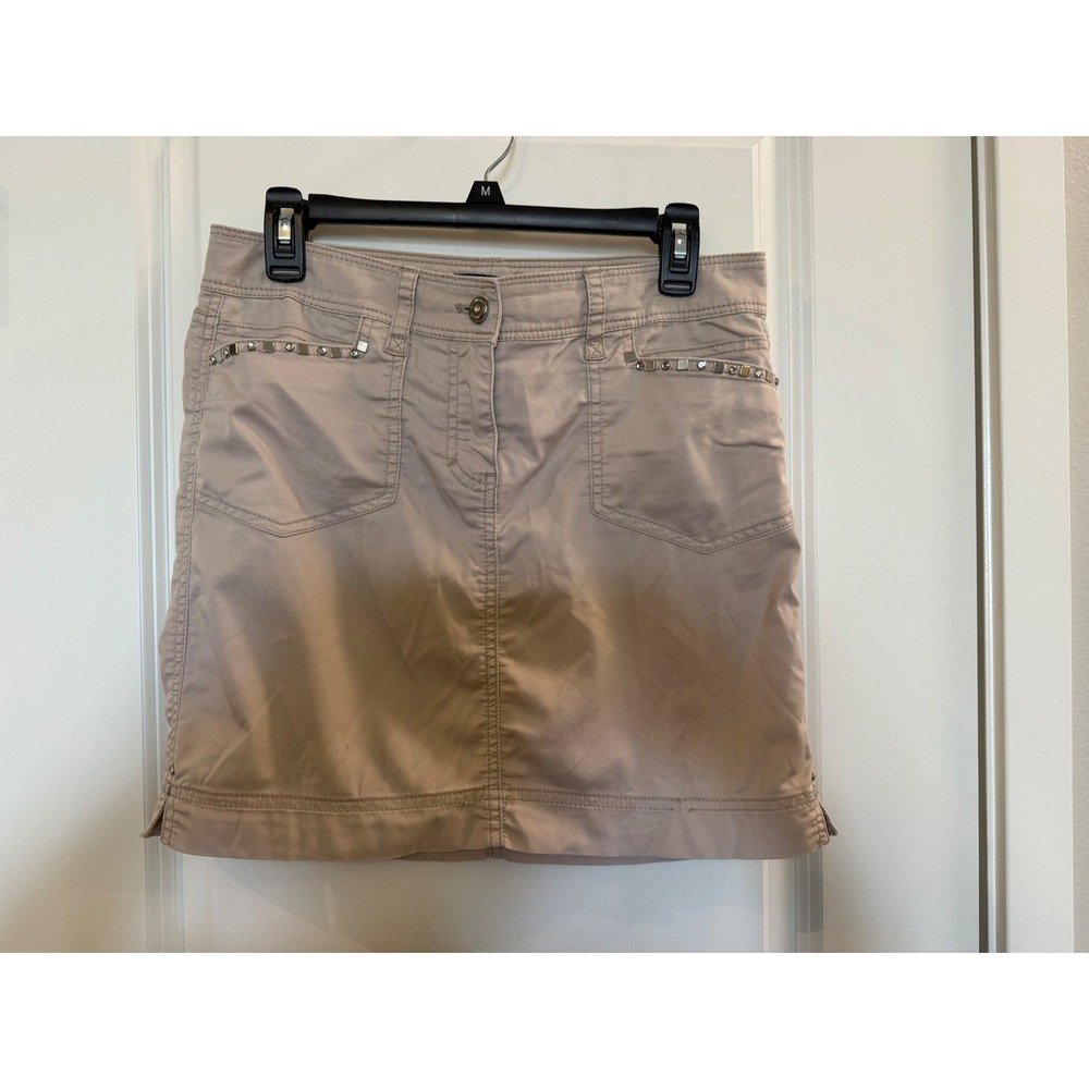 White House Black Market Khaki Tan Embellished Mini‎ Skirt Women 4 Studded